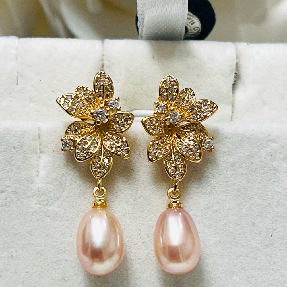 Elegant Sterling Silver Gold Vermeil Genuine Pearls and white sapphire Earrings